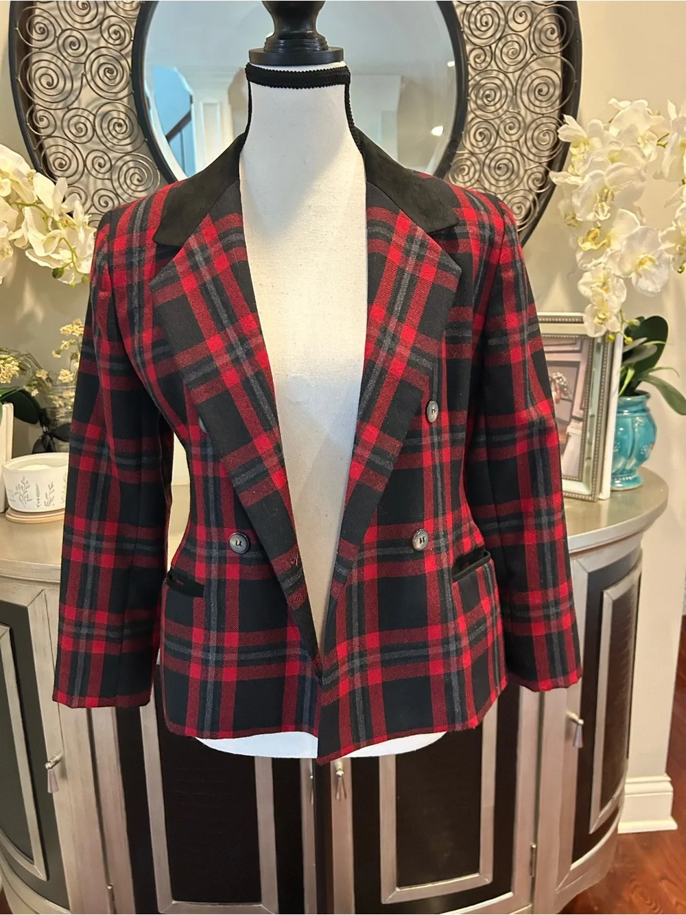 Parisian Works Red & Black Plaid Double-Breasted Blazer